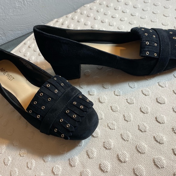 NINE WEST Black Suede Kiltie with Studs Block Mid Heel Slip-On Loafer - Picture 9 of 15